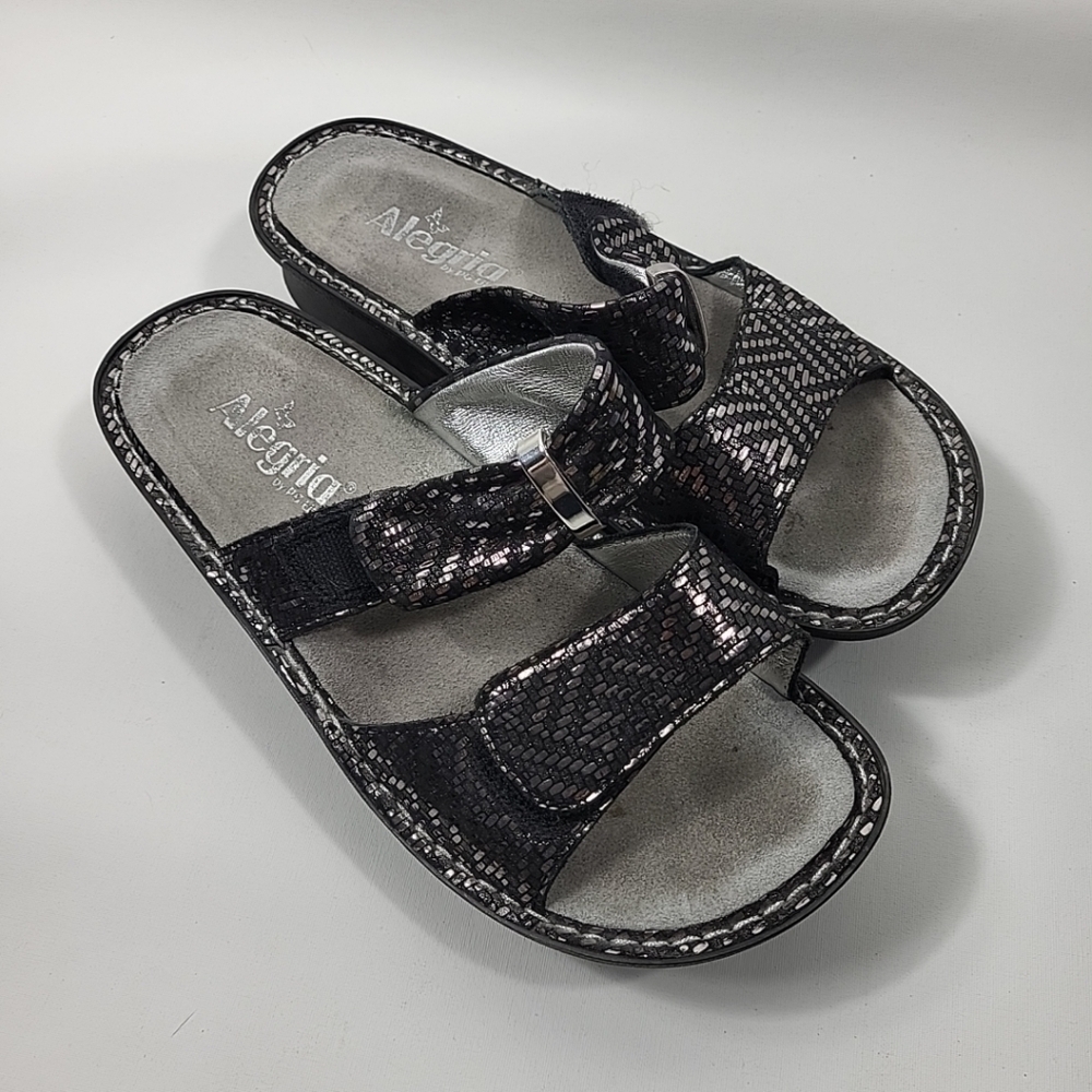 Alegria Karmen Pewter Wavy Sandals KAR-664 Size 38 Metallic Black Adjustable